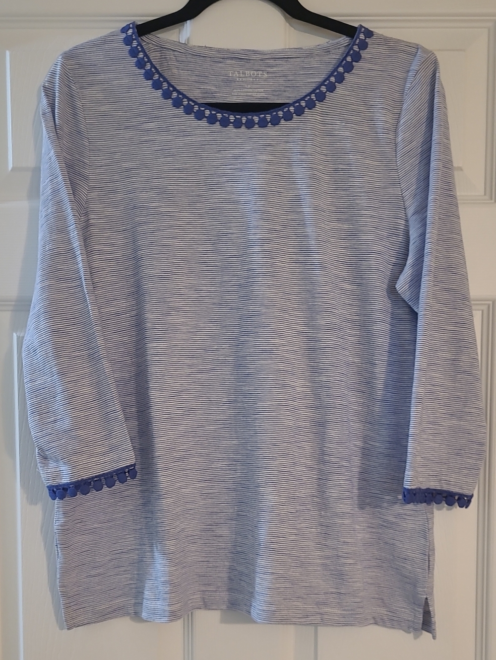 Talbots Light Blue Striped Top with Royal Blue Scallop Trim Size LP